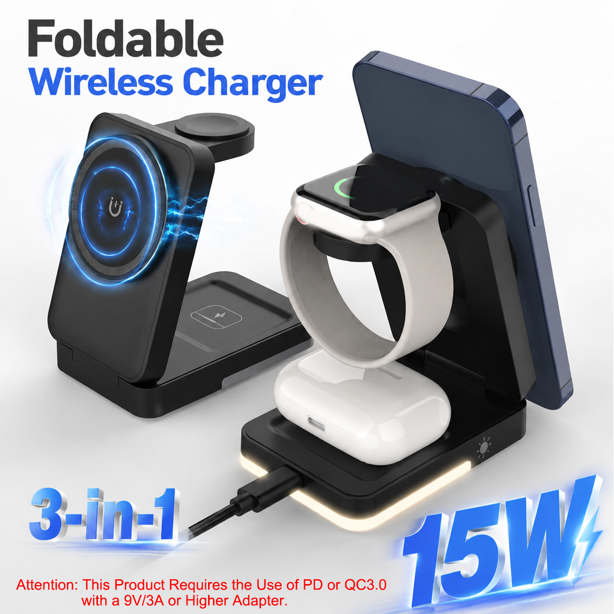Usb C Earphone - 3-in-1 접이식 무선 충전기 15W 자기