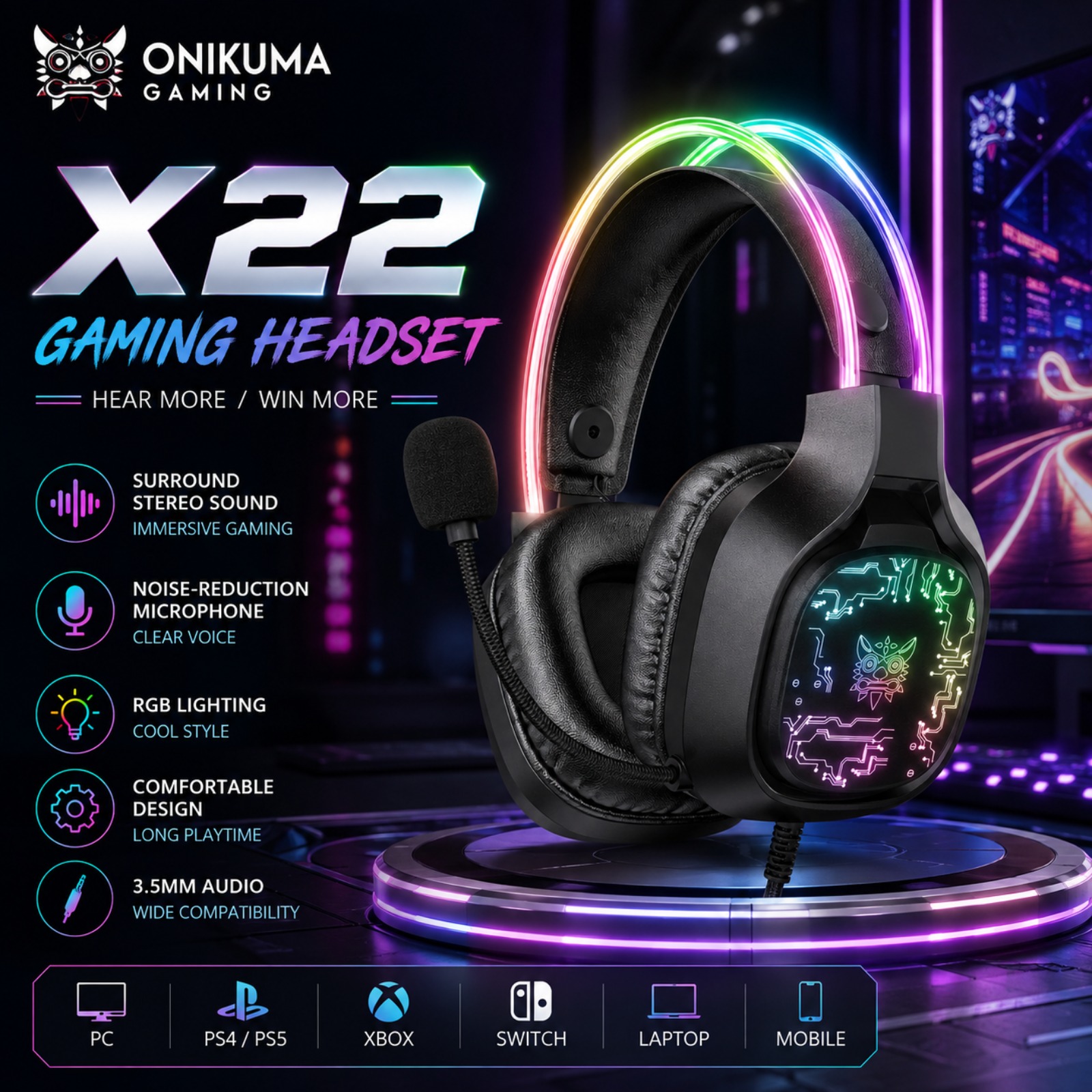 Gaming Headset Rgb - ONIKUMA X22 유선 게이밍 헤드셋 RGB